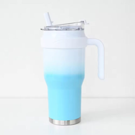 40 OZ Tumbler with Handle and Nozzle Straw Lid, Insulated Reusable Stainless Steel Travel Mug | Blue-White Gradient